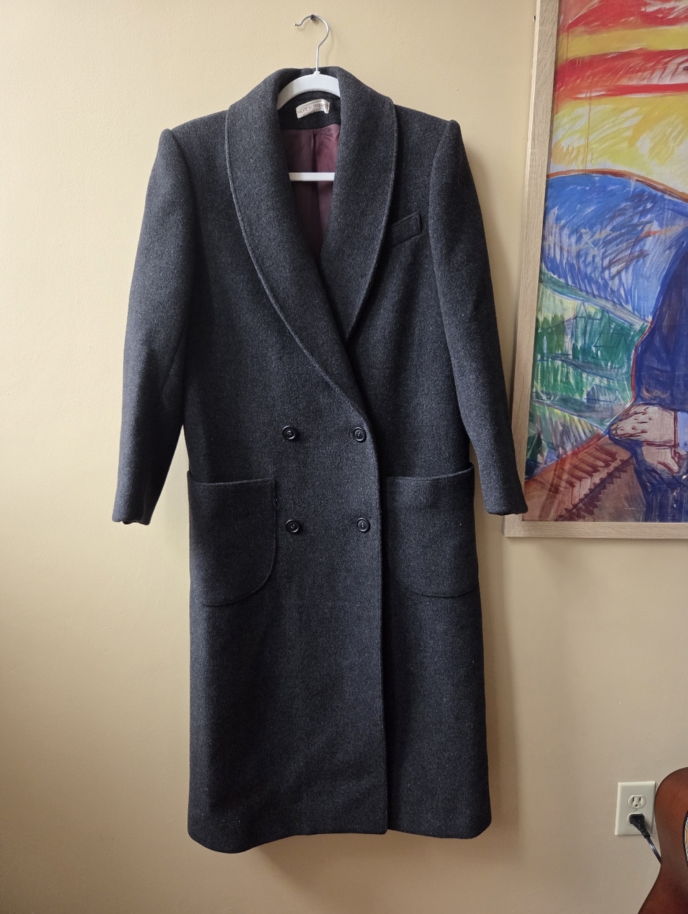 100% Wool Double-Breasted Long Coat - Charcoal